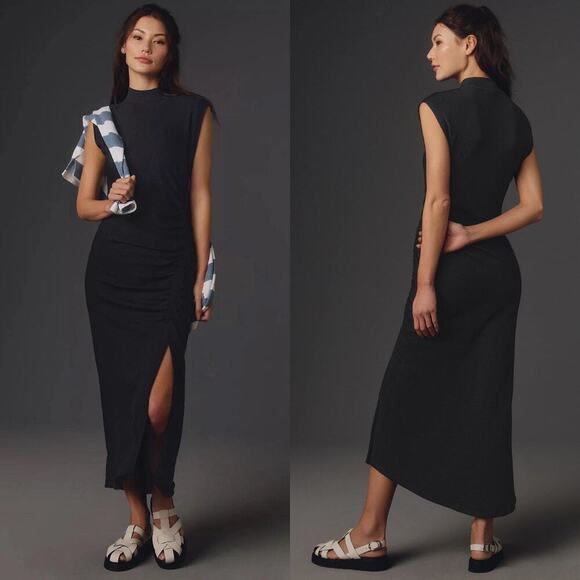 Daily Practice by Anthropologie Mock-Neck Ruched Midi Dress in Black - Picture 1 of 6